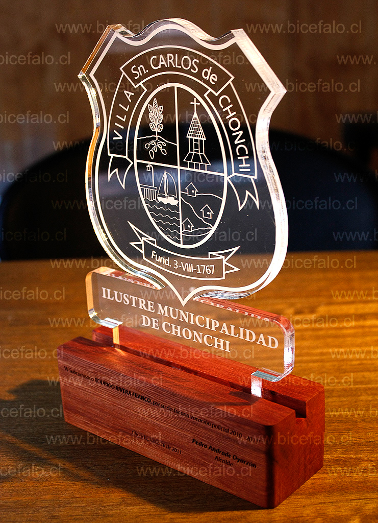 trofeo acrilico madera escudo municipal
